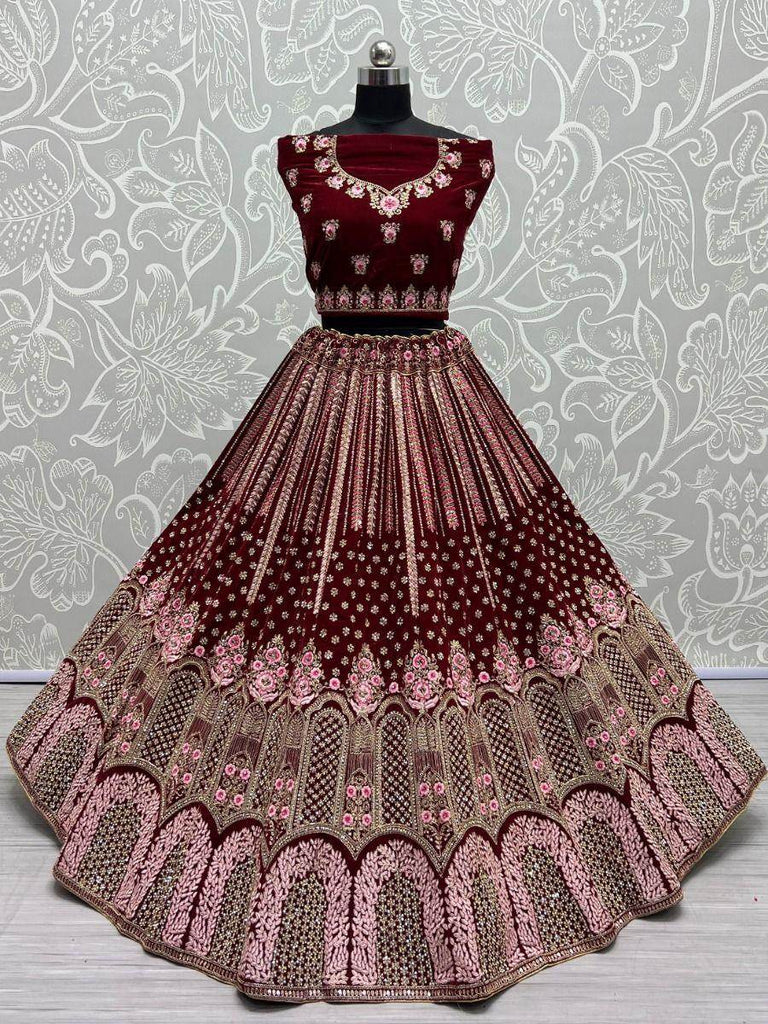 Dazzle Maroon Thread Work Velvet Bridal Lehenga Choli