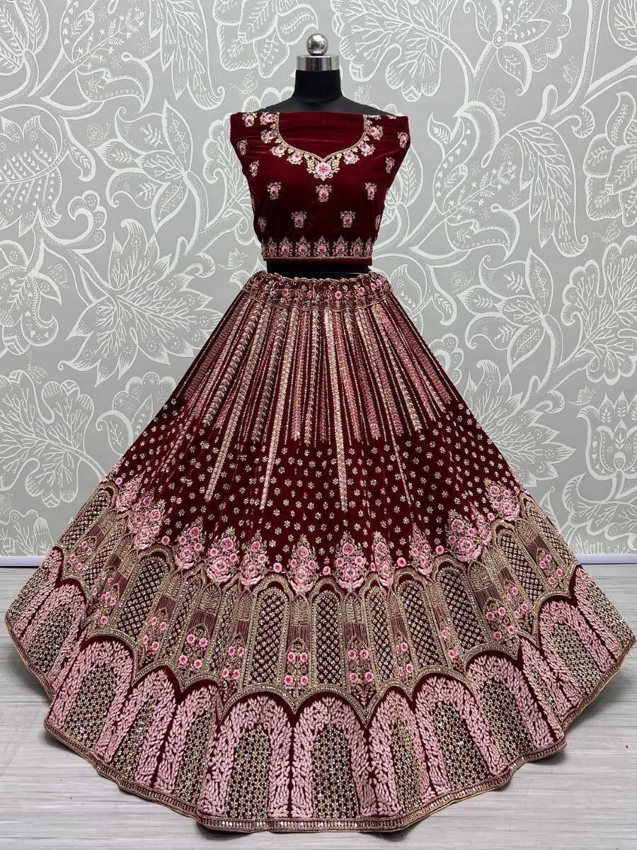 Maroon velvet lehenga choli with pink gold embroidery, designer Indian ethnic wear