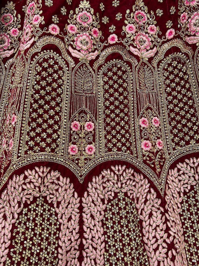 Dazzle Maroon Thread Work Velvet Bridal Lehenga Choli