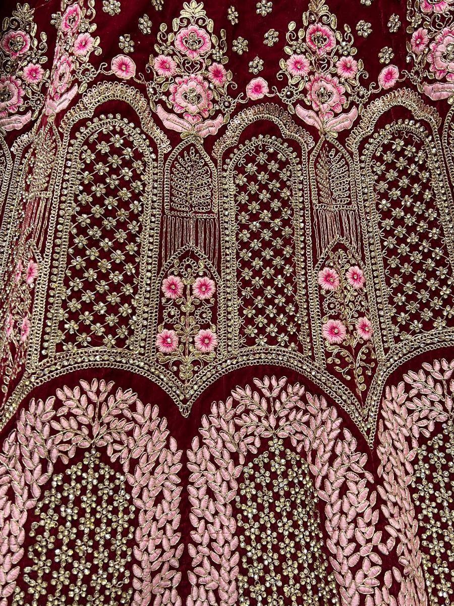 Maroon velvet lehenga with pink floral embroidery and gold beadwork, Indian ethnic wear