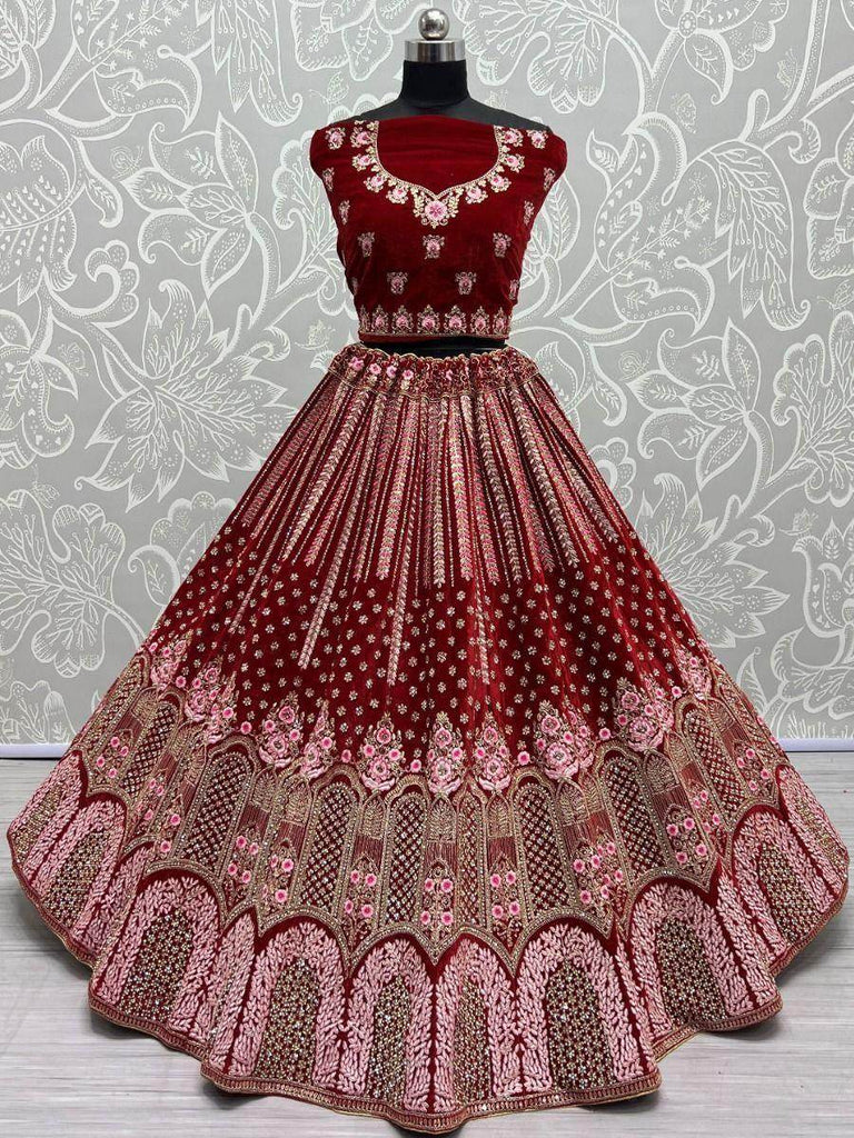 Twirling Red Thread Embroderied Velvet Bridal Wear Lehenga Choli