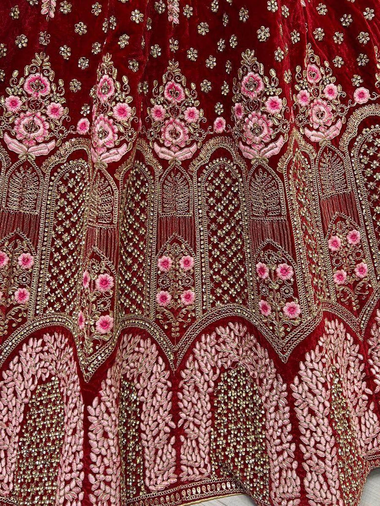 Twirling Red Thread Embroderied Velvet Bridal Wear Lehenga Choli
