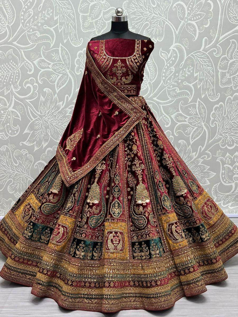 Exquisite Maroon Thread Work Velvet Lehenga Choli With Double Dupatta