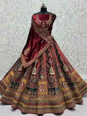 Exquisite Maroon Thread Work Velvet Lehenga Choli With Double Dupatta