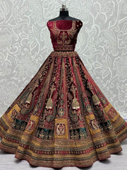 Exquisite Maroon Thread Work Velvet Lehenga Choli With Double Dupatta