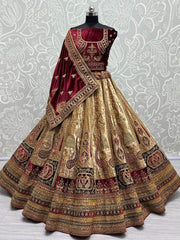 Stunning Beige Thread Work Velvet Lehenga Choli With Double Dupatta