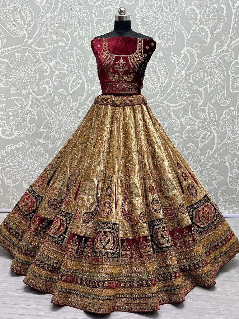 Stunning Beige Thread Work Velvet Lehenga Choli With Double Dupatta
