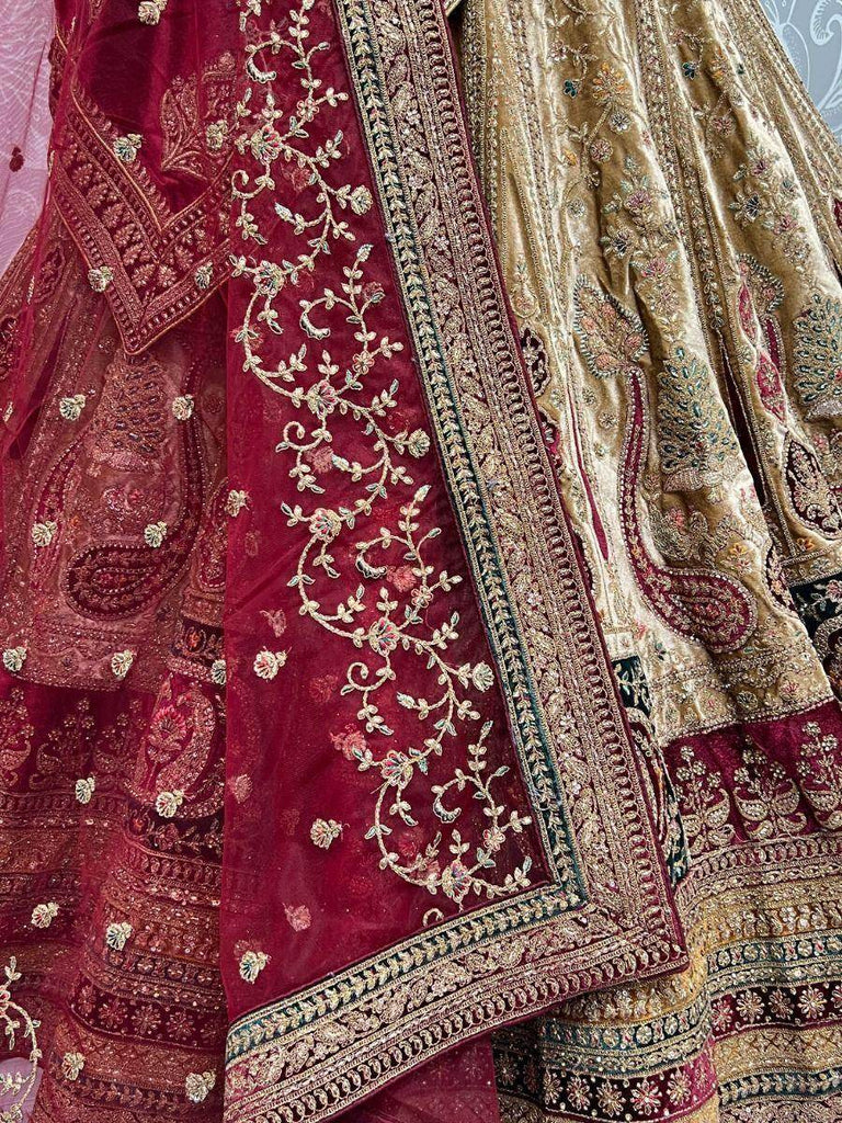 Stunning Beige Thread Work Velvet Lehenga Choli With Double Dupatta