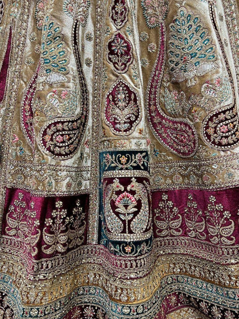 Stunning Beige Thread Work Velvet Lehenga Choli With Double Dupatta