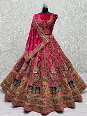 Beautiful Pink Thread Work Velvet Lehenga Choli with Double Dupatta