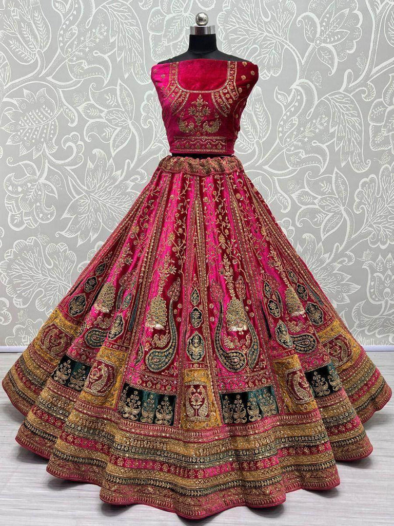 Beautiful Pink Thread Work Velvet Lehenga Choli with Double Dupatta