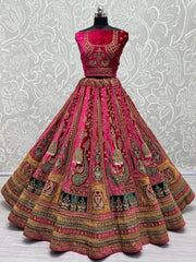 Beautiful Pink Thread Work Velvet Lehenga Choli with Double Dupatta