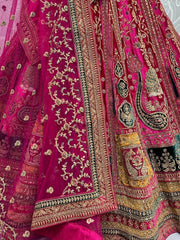 Beautiful Pink Thread Work Velvet Lehenga Choli with Double Dupatta