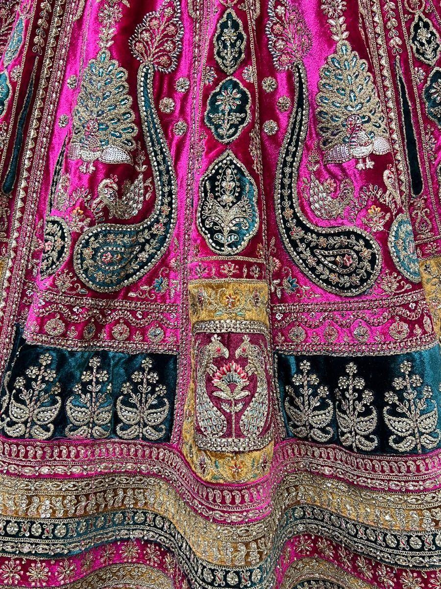 Pink velvet lehenga with peacock embroidery and gold zari work, Indian ethnic wear