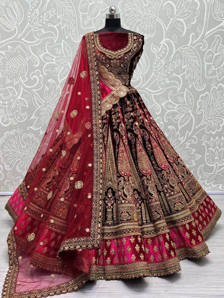 Dazzling Maroon Sequins Velvet Bridal Lehenga Choli with Double Dupatta