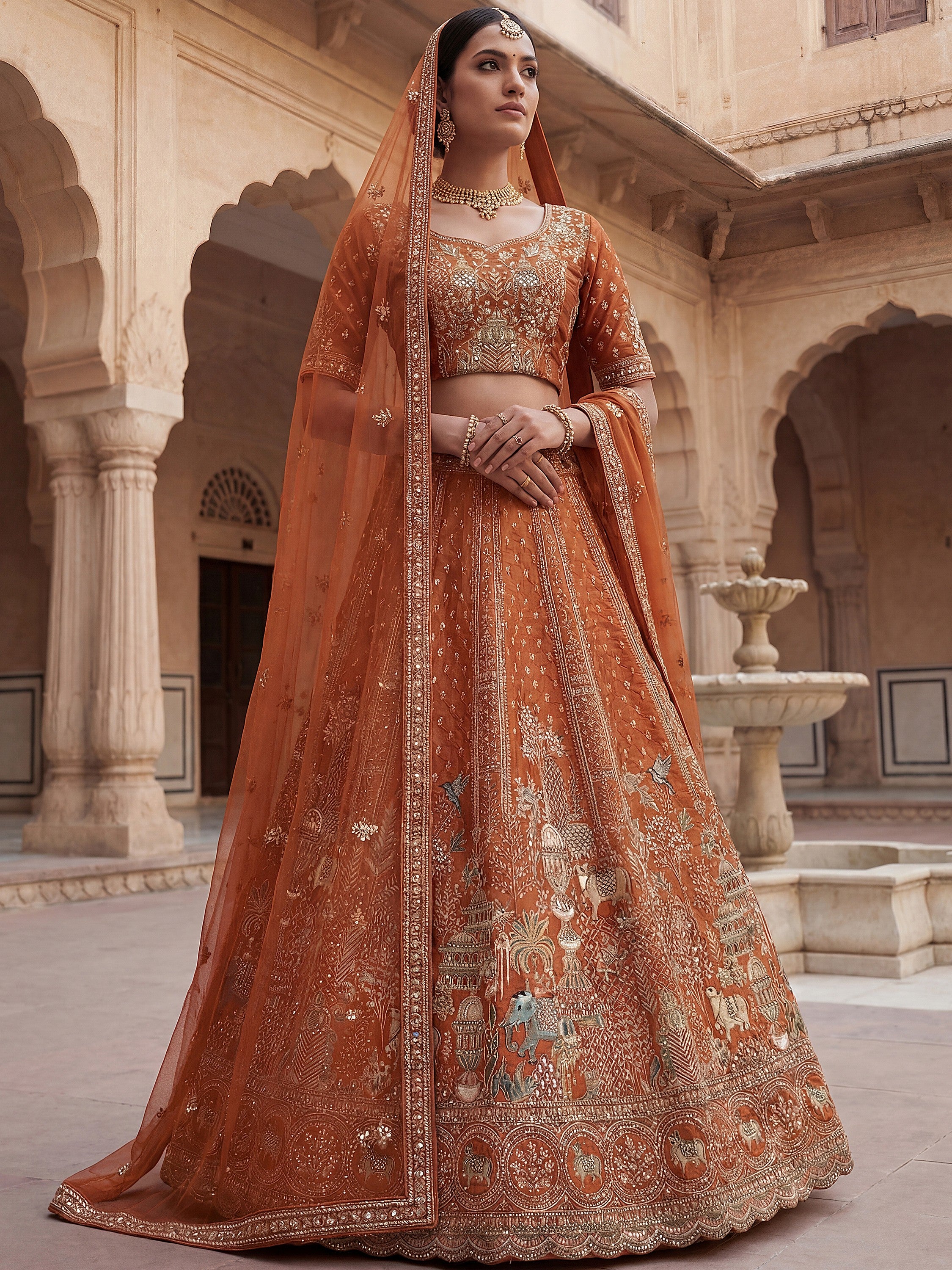 Classic Orange Embroidered Silk Bridal Lehenga Choli With Double Dupatta