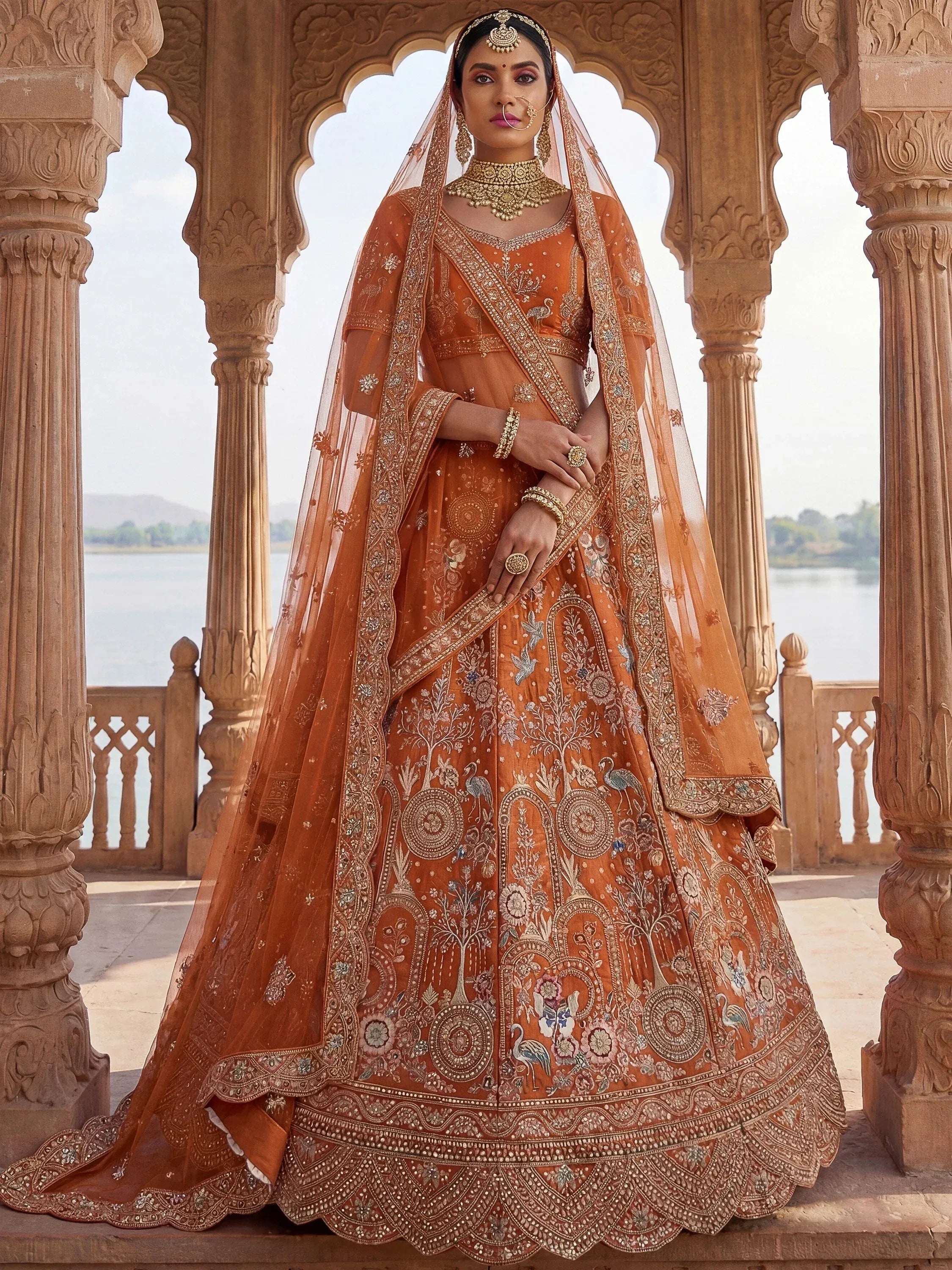 Great Orange Dori Work Silk Bridal Lehenga Choli With Double Dupatta