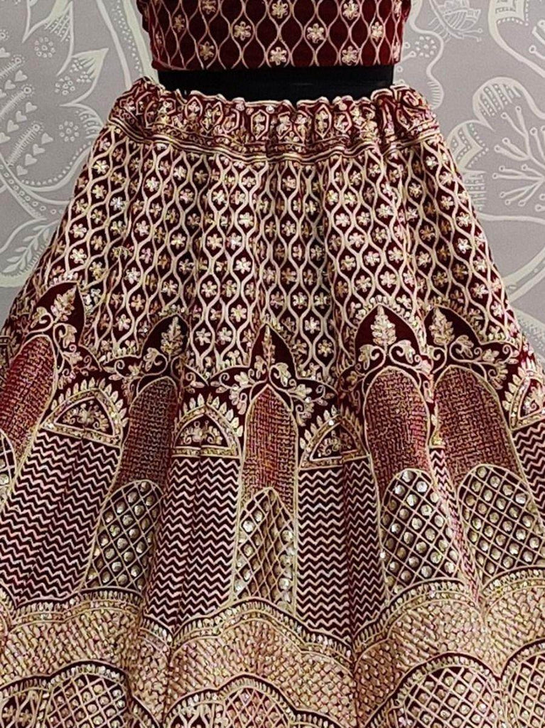 Marvelous Maroon Heavy Embroidery Velvet Bridal Lehenga Choli