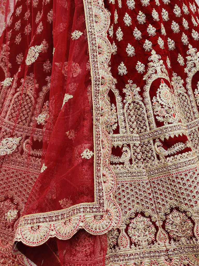 Maroon Heavy Thread Work Velvet Bridal Lehenga Choli
