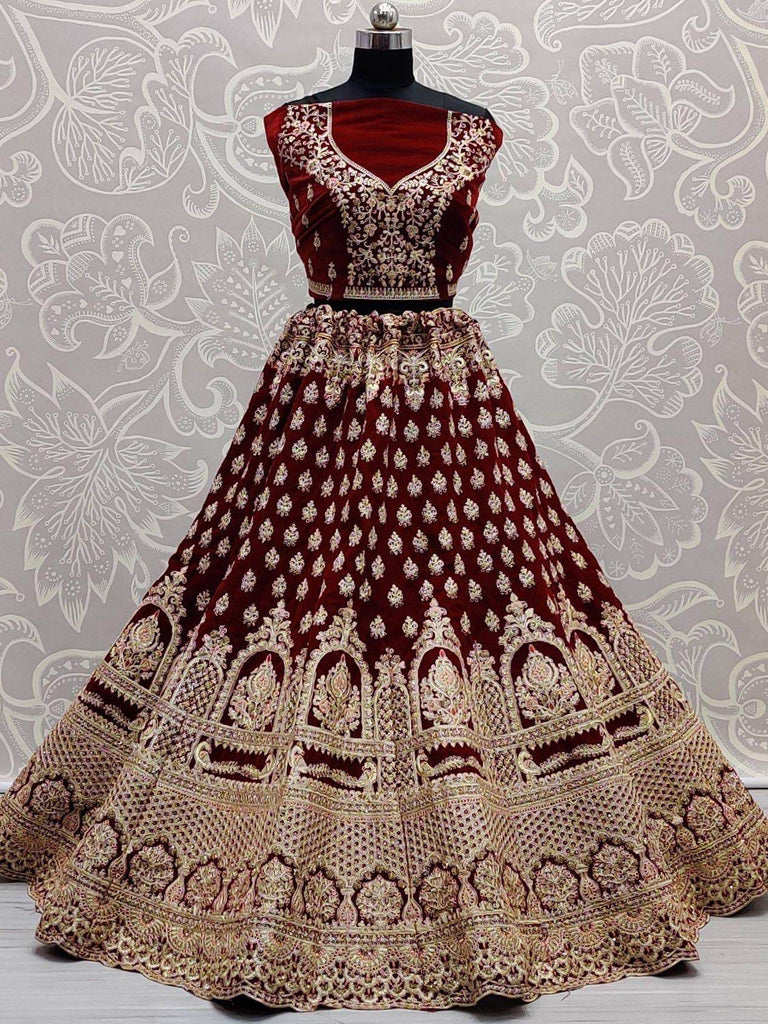 Maroon Heavy Thread Work Velvet Bridal Lehenga Choli