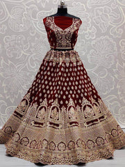 Maroon Heavy Thread Work Velvet Bridal Lehenga Choli