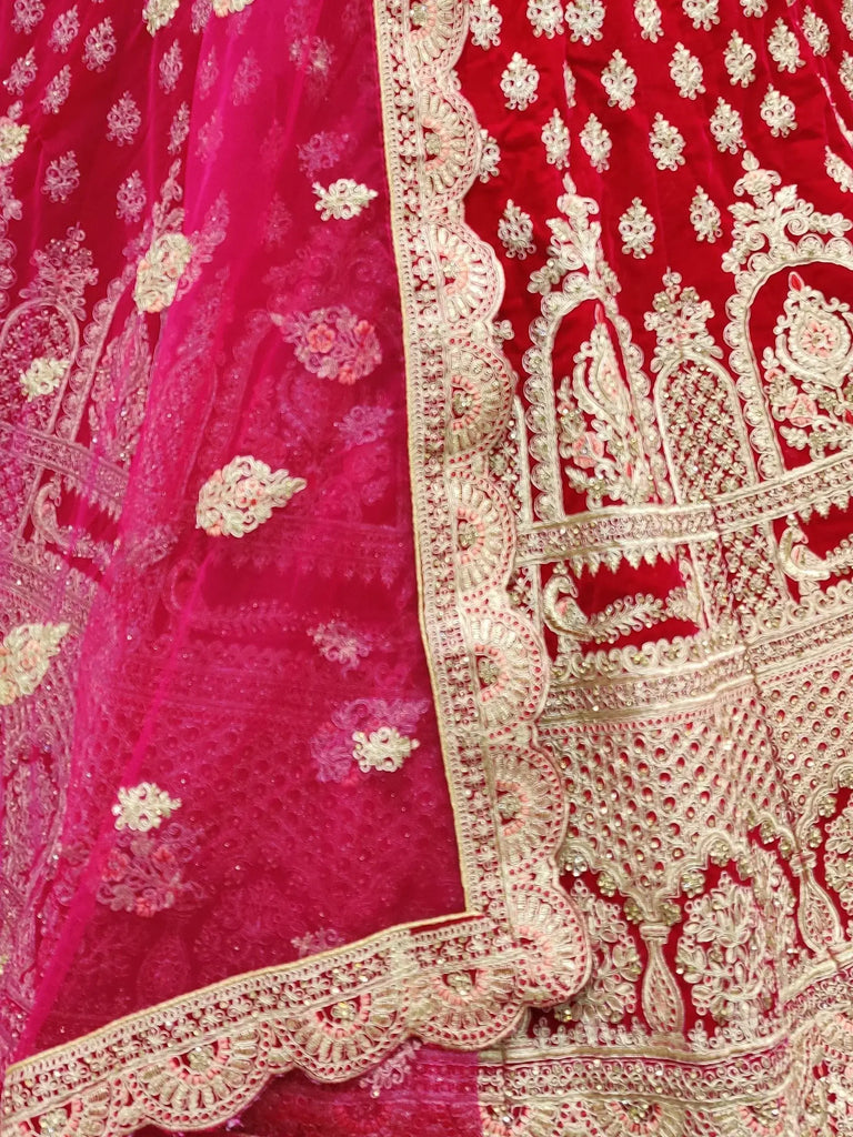 Pink Heavy Thread Work Velvet Bridal Lehenga Choli