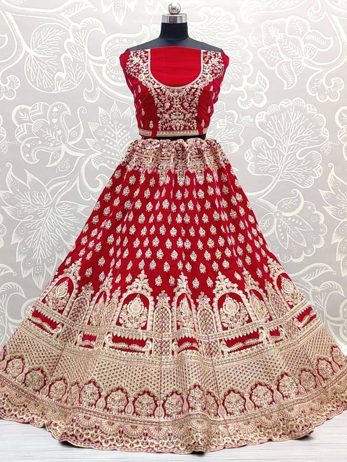 Red velvet designer lehenga choli with gold embroidery, ethnic Indian wedding wear