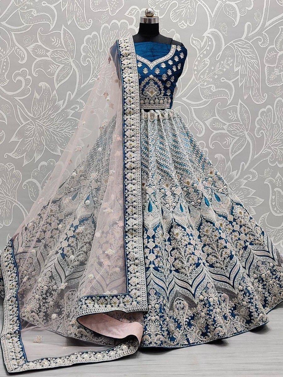 Blue and silver embroidered lehenga choli with dupatta, designer Indian ethnic wear for weddings