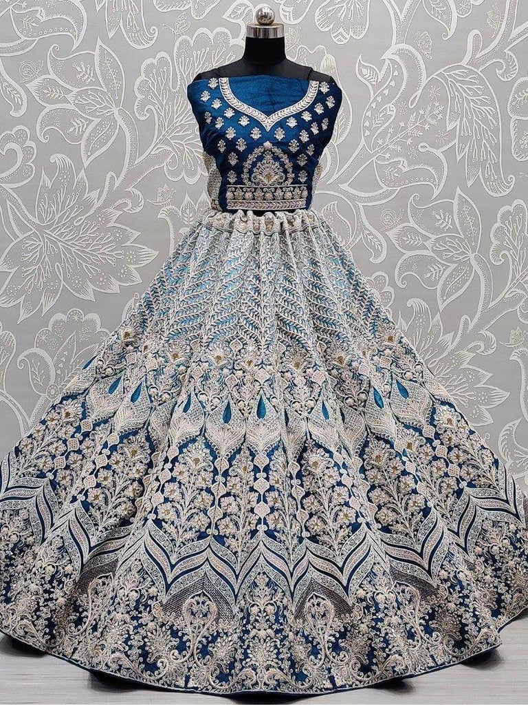 Stunning Blue Multi-Thread Work Velvet Lehenga Choli With Dupatta