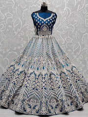 Stunning Blue Multi-Thread Work Velvet Lehenga Choli With Dupatta