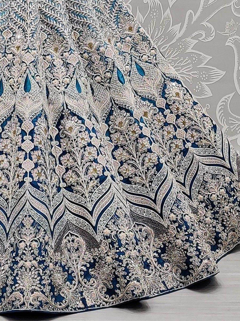 Stunning Blue Multi-Thread Work Velvet Lehenga Choli With Dupatta