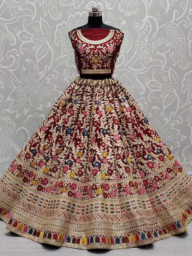 Precious Maroon Patch Work Silk Bridal Wear Lehenga Choli