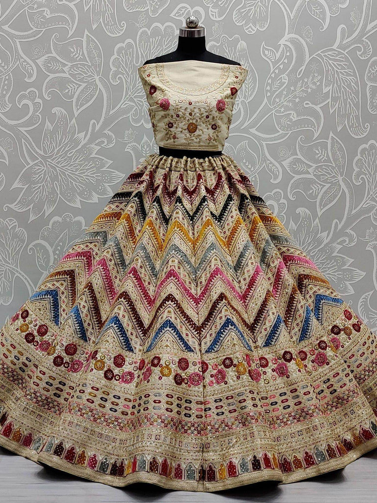 Marvelous Beige thread Embroidery Silk Bridal Wear Lehenga Choli