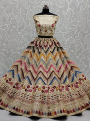 Marvelous Beige thread Embroidery Silk Bridal Wear Lehenga Choli