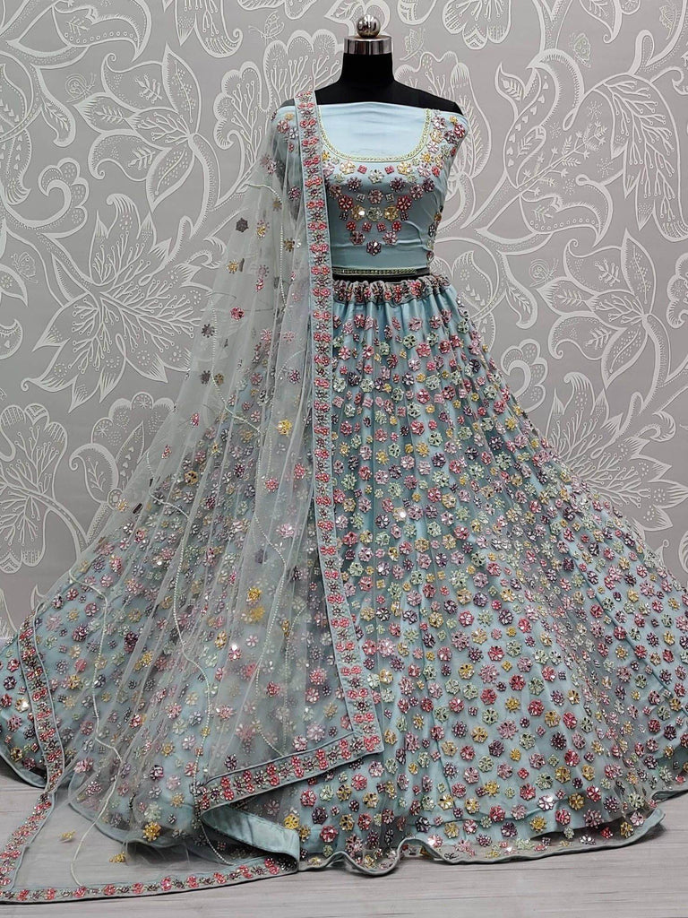 Sumptuous Sky Blue Mirror Work Net Party Wear Lehenga Choli