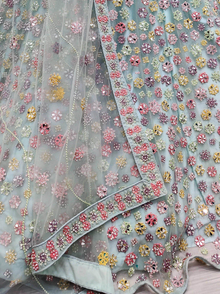 Sumptuous Sky Blue Mirror Work Net Party Wear Lehenga Choli