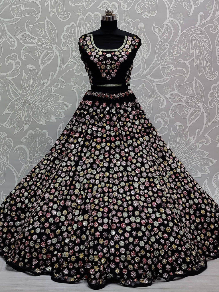 Glorious Black Mirror Work Net Party Wear Lehenga Choli