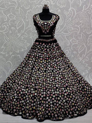 Glorious Black Mirror Work Net Party Wear Lehenga Choli