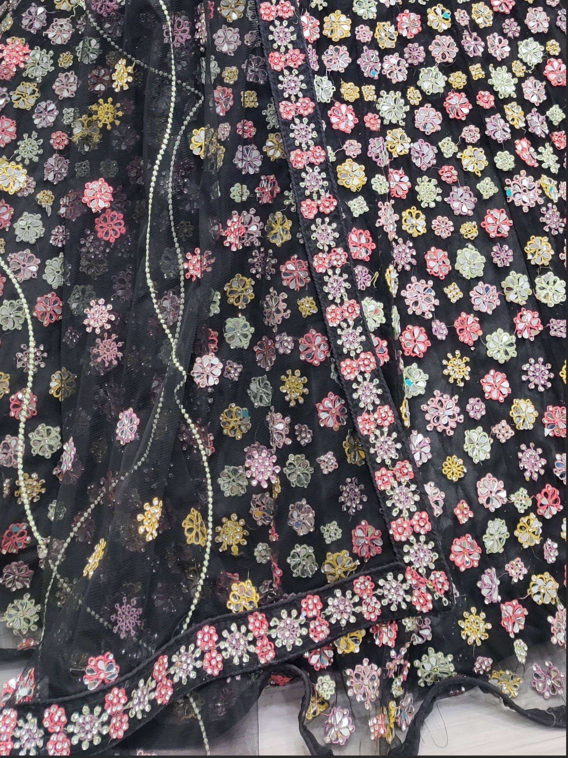 Black ethnic gown with colorful floral mirror work and sequin detailing