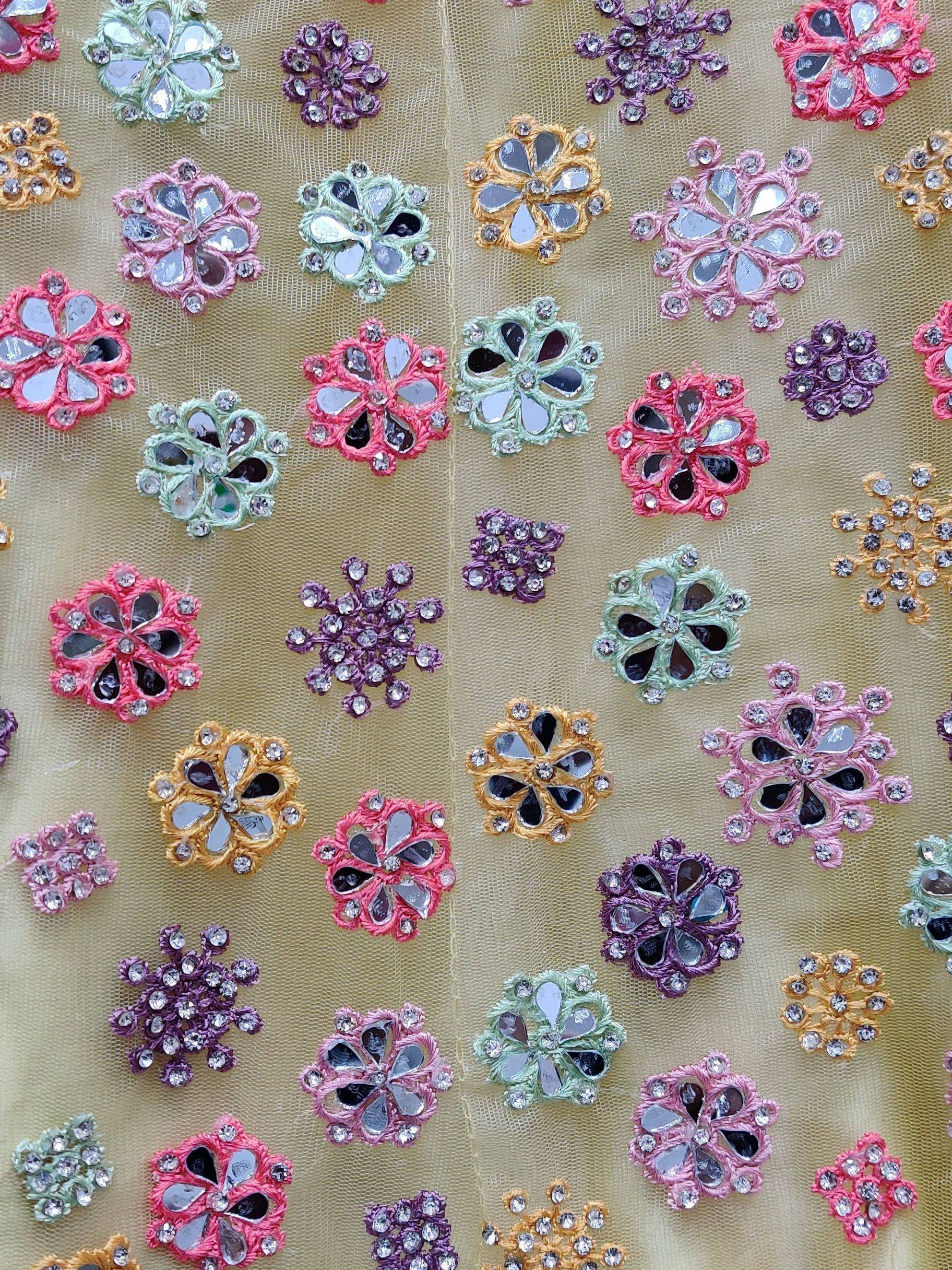 Colorful floral mirror and bead embroidery on sheer fabric for ethnic wear