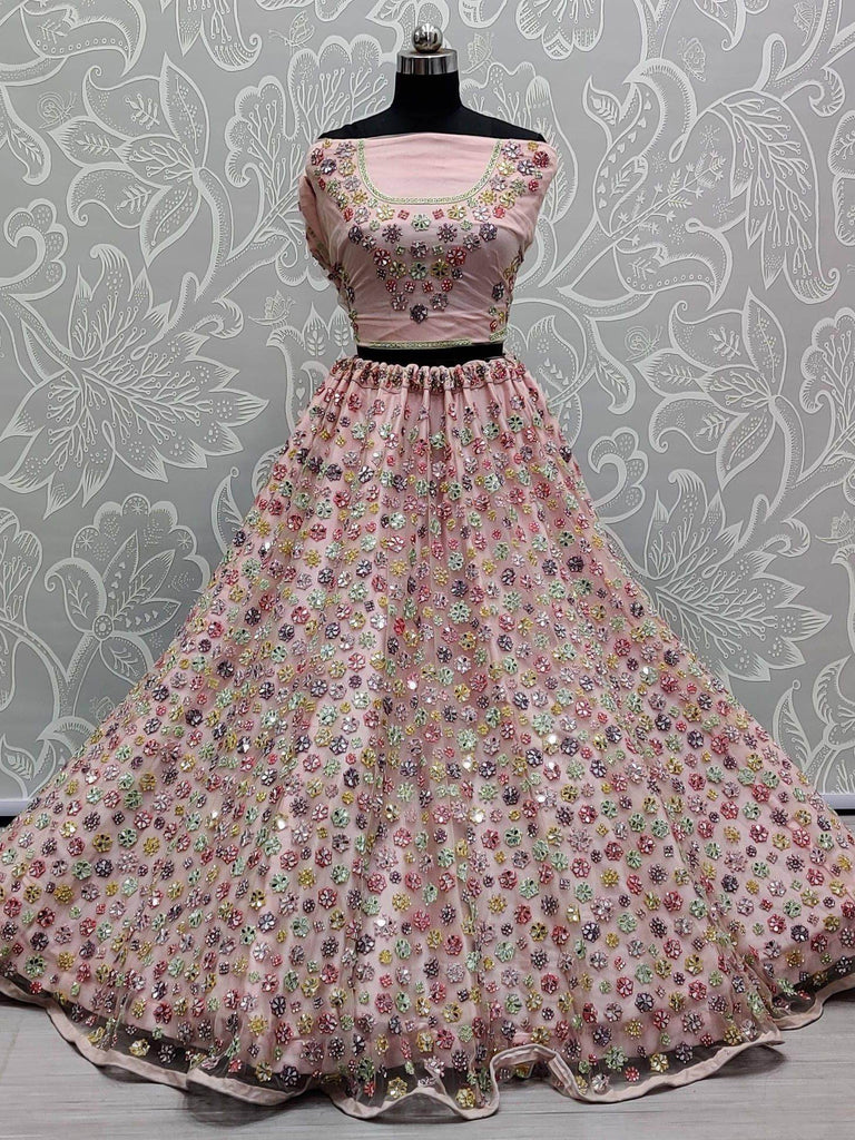 Wonderful Pink Mirror Work Net Party Wear Lehenga Choli