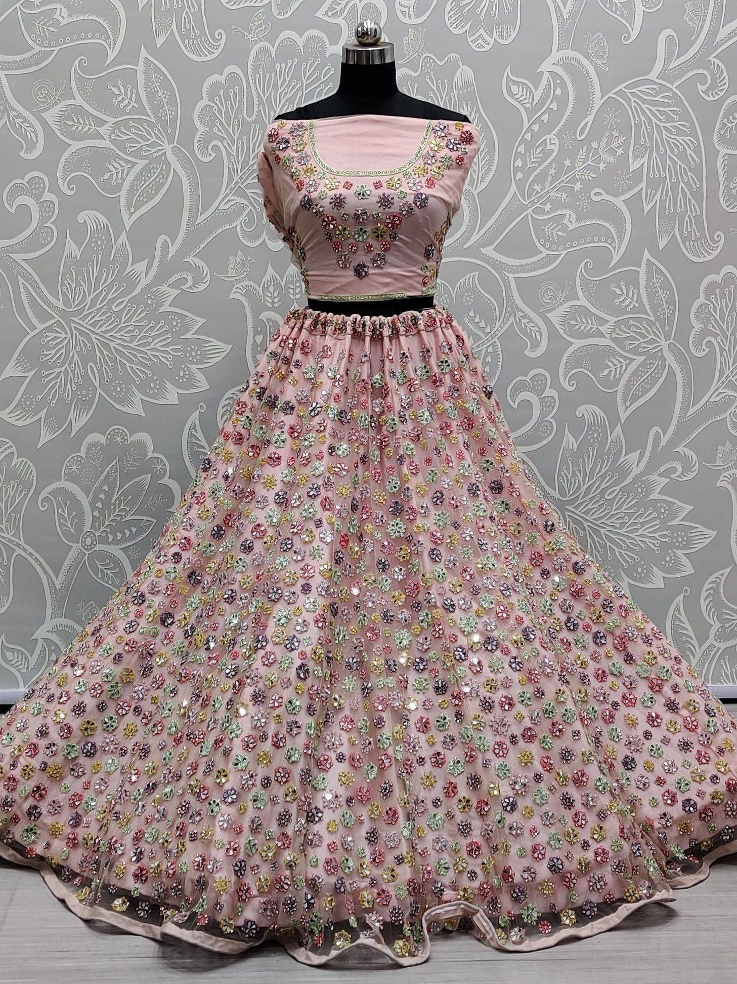 Pink floral embroidered lehenga choli with sequin detailing, perfect for Indian ethnic wear occasions
