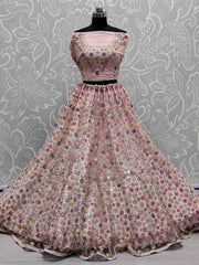 Wonderful Pink Mirror Work Net Party Wear Lehenga Choli
