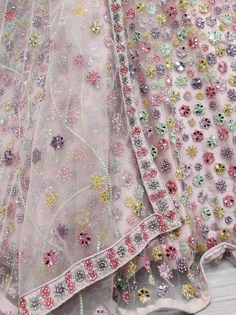 Wonderful Pink Mirror Work Net Party Wear Lehenga Choli