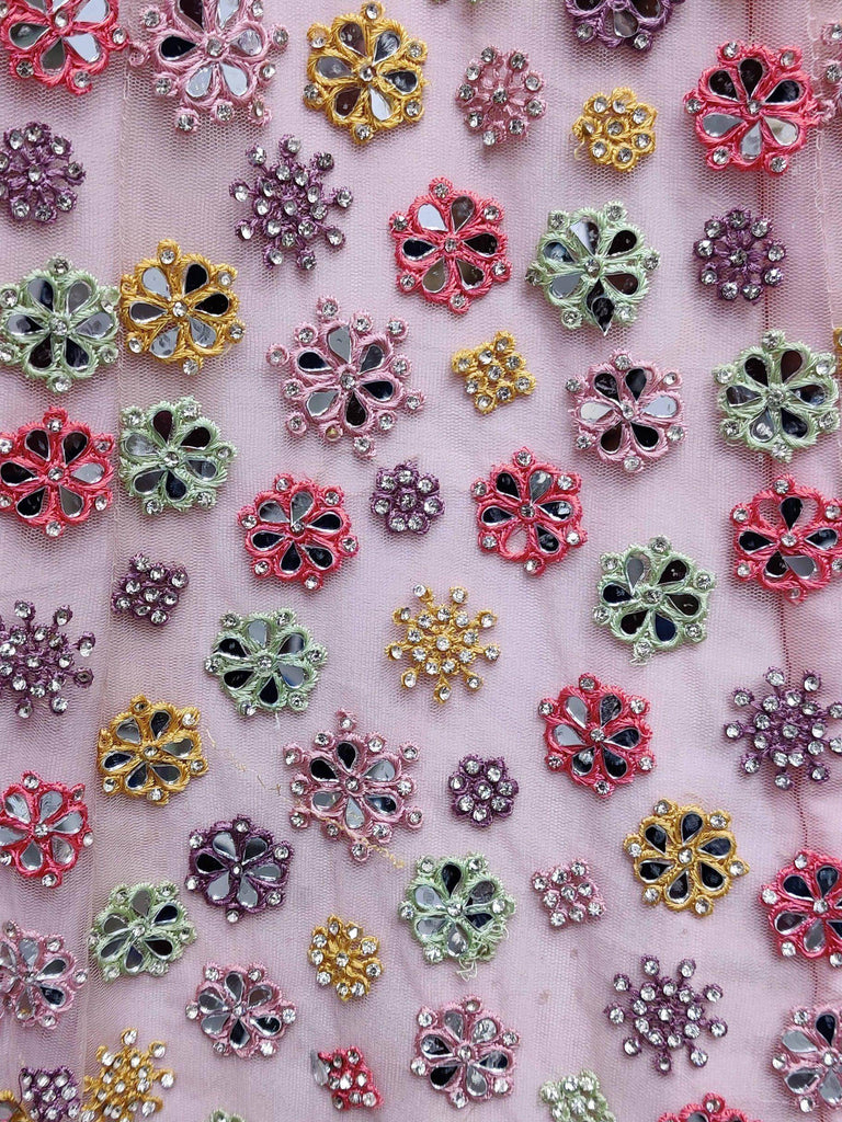 Wonderful Pink Mirror Work Net Party Wear Lehenga Choli