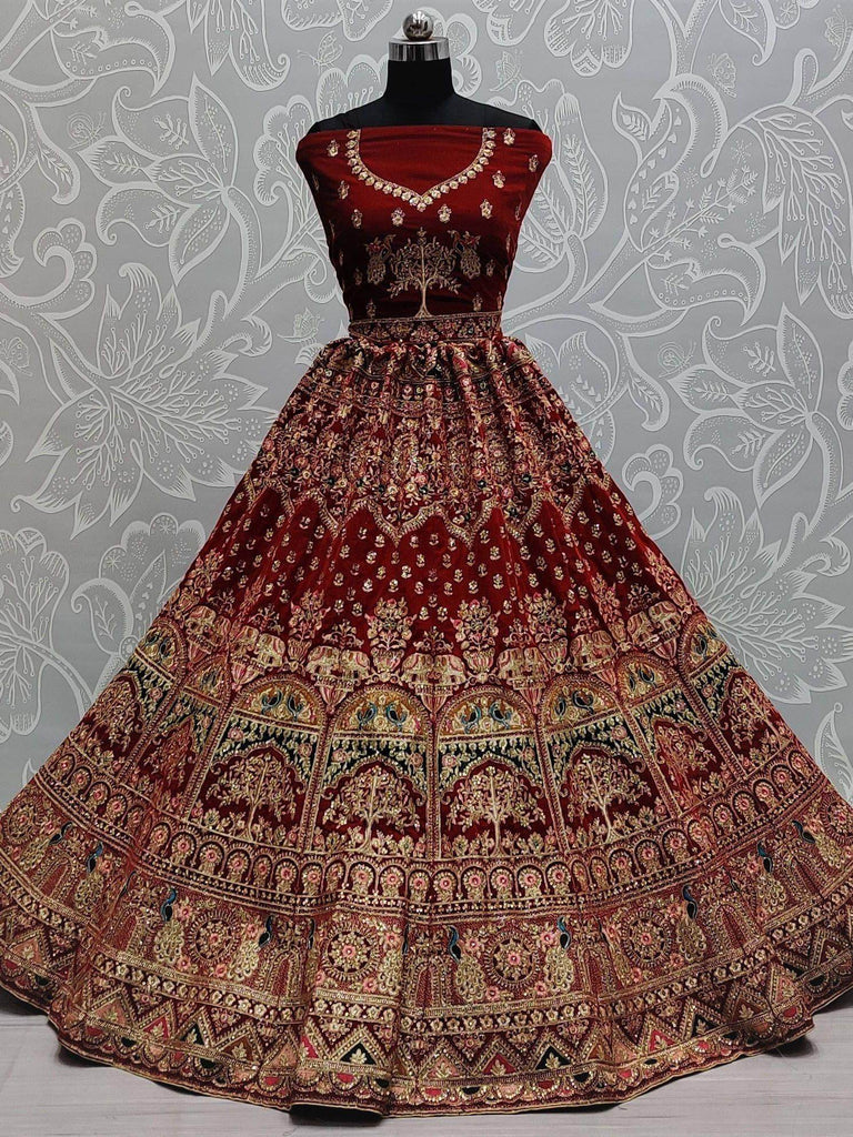 Delectable Maroon Dori Work Velvet Bridal Wear Lehenga Choli