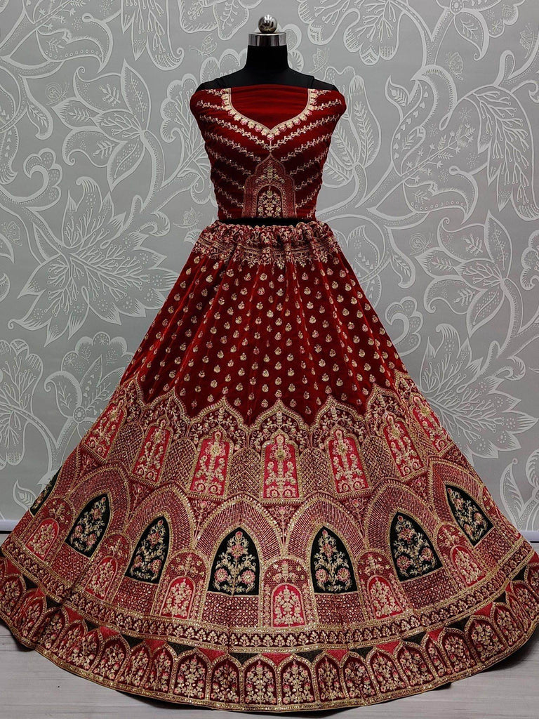 Beautiful Maroon Thread Embroidery Velvet Bridal Wear Lehenga Choli