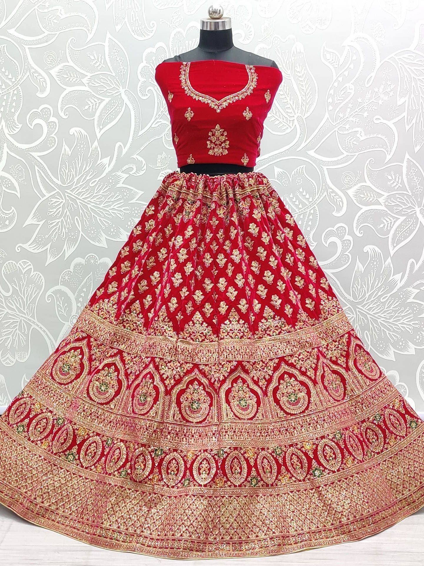 Red velvet lehenga choli with gold embroidery, Indian ethnic wear for weddings and festivals