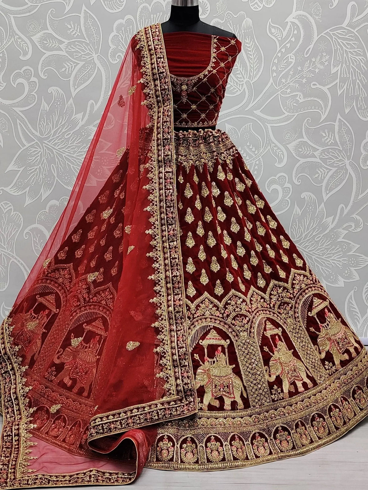 Fantastic Maroon Zari Embroidery Velvet Bridal Wear Lehenga Choli