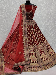 Fantastic Maroon Zari Embroidery Velvet Bridal Wear Lehenga Choli